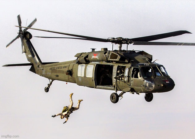 Black Hawk Parachute Jump Soldier | image tagged in black hawk parachute jump soldier | made w/ Imgflip meme maker
