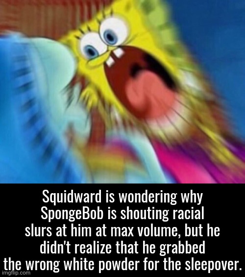 .. | Squidward is wondering why SpongeBob is shouting racial slurs at him at max volume, but he didn't realize that he grabbed the wrong white powder for the sleepover. | made w/ Imgflip meme maker