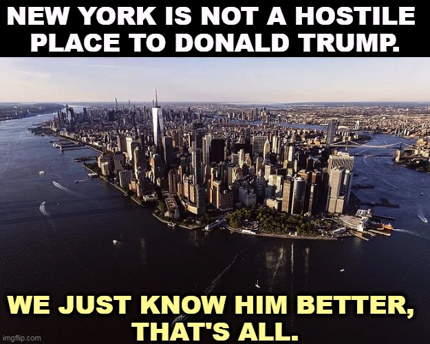 NEW YORK IS NOT A HOSTILE 
PLACE TO DONALD TRUMP. WE JUST KNOW HIM BETTER, 
THAT'S ALL. | image tagged in new york,donald trump,home | made w/ Imgflip meme maker