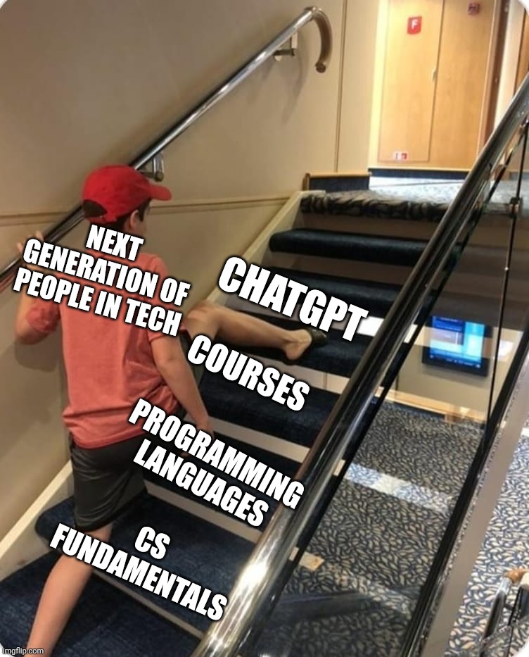 New people in tech | NEXT GENERATION OF PEOPLE IN TECH; CHATGPT; COURSES; PROGRAMMING LANGUAGES; CS FUNDAMENTALS | image tagged in skipping steps | made w/ Imgflip meme maker