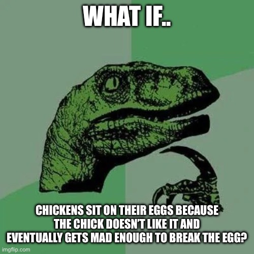 hmmmmmmm | WHAT IF.. CHICKENS SIT ON THEIR EGGS BECAUSE THE CHICK DOESN’T LIKE IT AND EVENTUALLY GETS MAD ENOUGH TO BREAK THE EGG? | image tagged in raptor asking questions,egg,chicken,hmmm | made w/ Imgflip meme maker