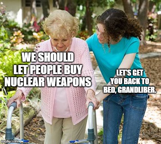 Libertarian grandma | WE SHOULD LET PEOPLE BUY NUCLEAR WEAPONS; LET'S GET YOU BACK TO BED, GRANDLIBER. | image tagged in sure grandma let's get you to bed | made w/ Imgflip meme maker