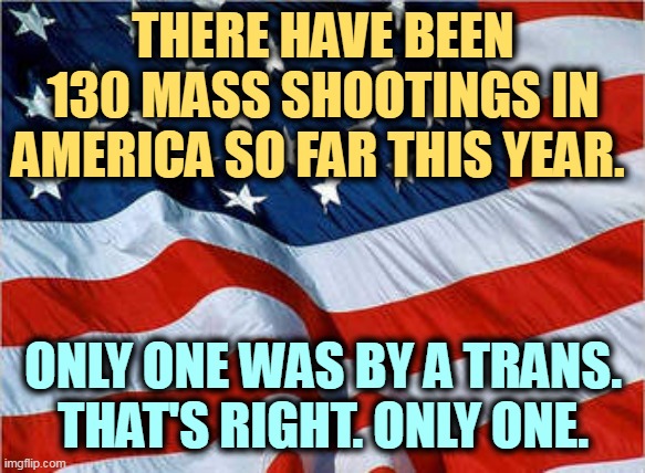 You may have heard there were more. Not true. There was only one. | THERE HAVE BEEN 130 MASS SHOOTINGS IN AMERICA SO FAR THIS YEAR. ONLY ONE WAS BY A TRANS. THAT'S RIGHT. ONLY ONE. | image tagged in usa flag,mass shootings,america,we are number one,trans | made w/ Imgflip meme maker