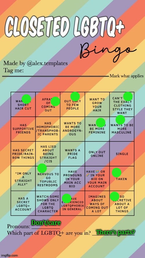 Closeted LGBTQ+ Bingo | Don't/care; There's parts? | image tagged in closeted lgbtq bingo | made w/ Imgflip meme maker