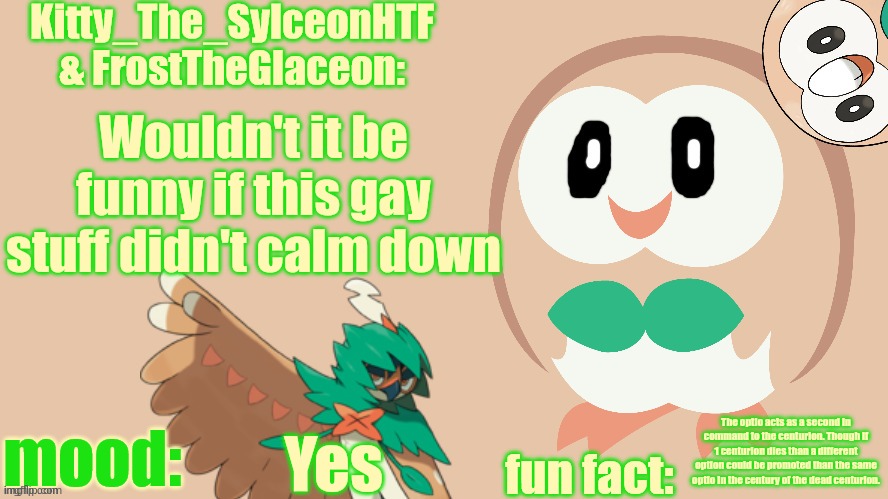 FrostTheGlaceon & Kitty_The_SylceonHTF's rowlet temp | Wouldn't it be funny if this gay stuff didn't calm down; The optio acts as a second in command to the centurion. Though if 1 centurion dies than a different option could be promoted than the same optio in the century of the dead centurion. Yes | image tagged in frosttheglaceon kitty_the_sylceonhtf's rowlet temp | made w/ Imgflip meme maker