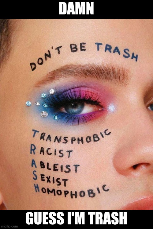 Don’t be trash | DAMN; GUESS I'M TRASH | image tagged in don t be trash | made w/ Imgflip meme maker