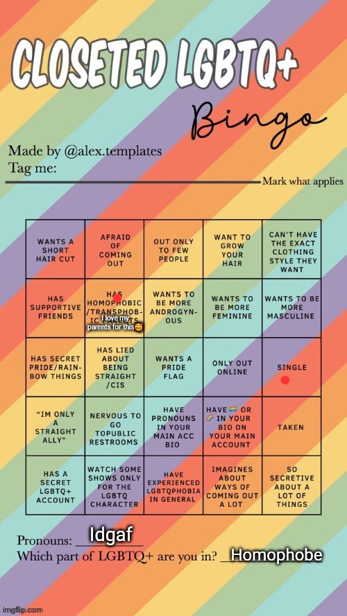 Based bingo | I love my parents for this🥰; Idgaf; Homophobe | image tagged in closeted lgbtq bingo | made w/ Imgflip meme maker