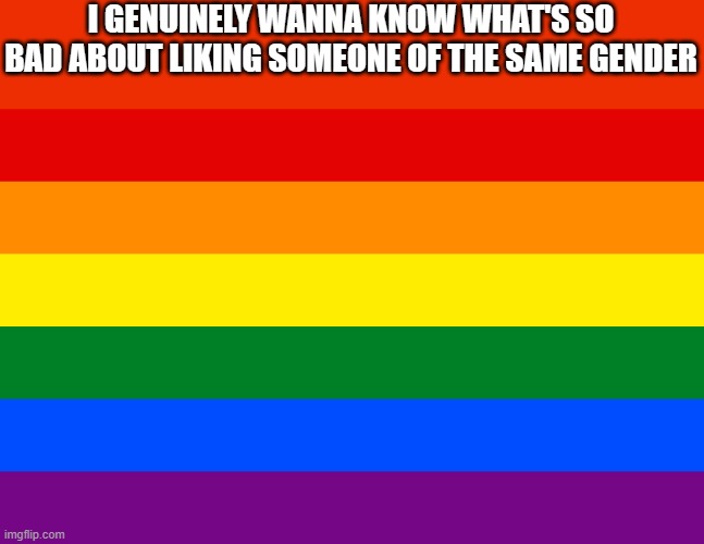 Pride flag | I GENUINELY WANNA KNOW WHAT'S SO BAD ABOUT LIKING SOMEONE OF THE SAME GENDER | image tagged in pride flag | made w/ Imgflip meme maker