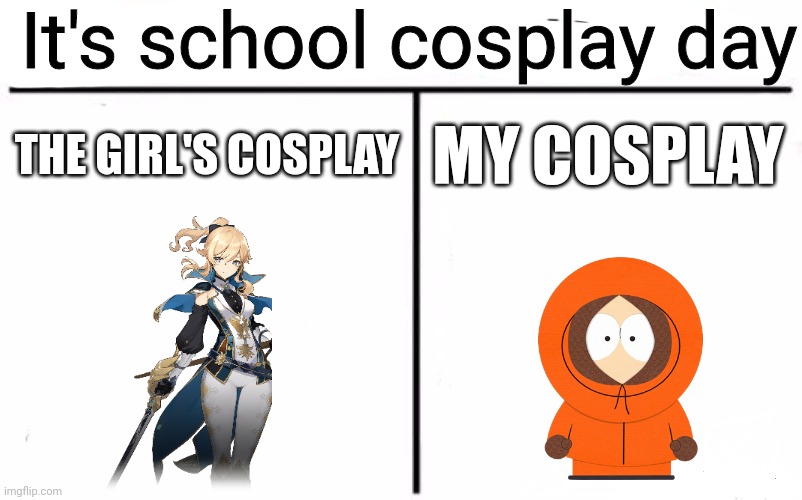 I'll die everytime in this cosplay | It's school cosplay day; THE GIRL'S COSPLAY; MY COSPLAY | image tagged in memes,who would win | made w/ Imgflip meme maker