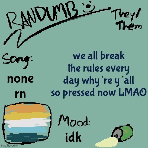 we’d all be banned if we respected the rules | we all break the rules every day why’re y’all so pressed now LMAO; none rn; idk | image tagged in randumb template 3 | made w/ Imgflip meme maker