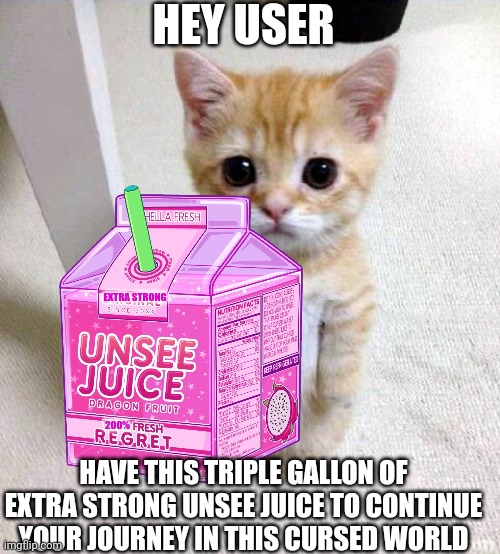 Its dangerous to go alone! Take some unsee juice! | HEY USER; EXTRA STRONG; 200%; HAVE THIS TRIPLE GALLON OF EXTRA STRONG UNSEE JUICE TO CONTINUE YOUR JOURNEY IN THIS CURSED WORLD | made w/ Imgflip meme maker