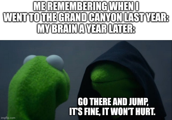 Please tell me I'm not the only one ??? | ME REMEMBERING WHEN I WENT TO THE GRAND CANYON LAST YEAR:
MY BRAIN A YEAR LATER:; GO THERE AND JUMP, IT'S FINE, IT WON'T HURT. | image tagged in memes,evil kermit | made w/ Imgflip meme maker