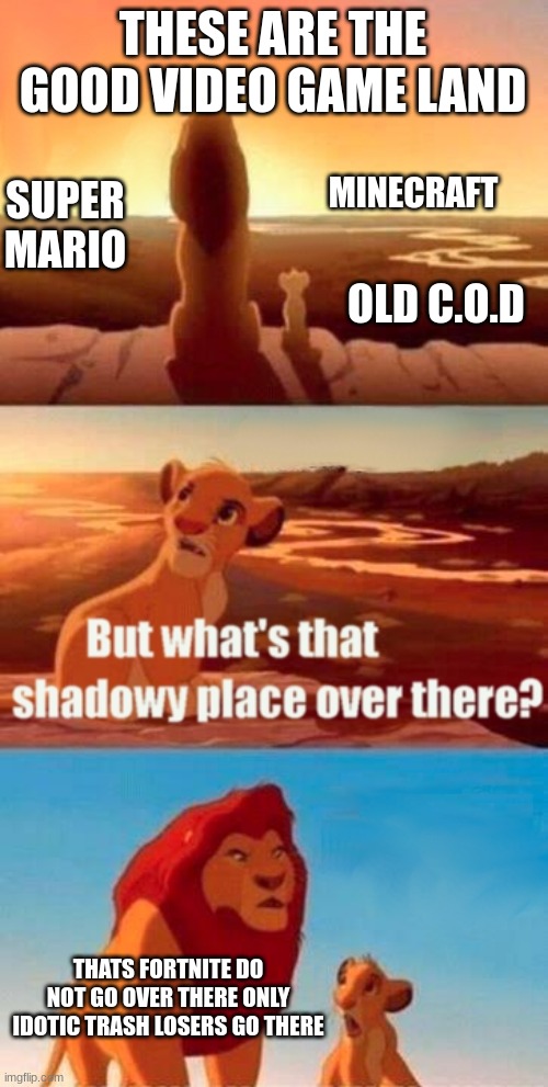 Simba Shadowy Place | THESE ARE THE GOOD VIDEO GAME LAND; MINECRAFT; SUPER MARIO; OLD C.O.D; THATS FORTNITE DO NOT GO OVER THERE ONLY IDOTIC TRASH LOSERS GO THERE | image tagged in memes,simba shadowy place | made w/ Imgflip meme maker
