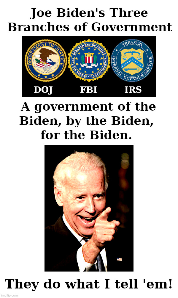 Joe Biden's Three Branches of Government | image tagged in joe biden,three branches of government,doj,fbi,irs | made w/ Imgflip meme maker