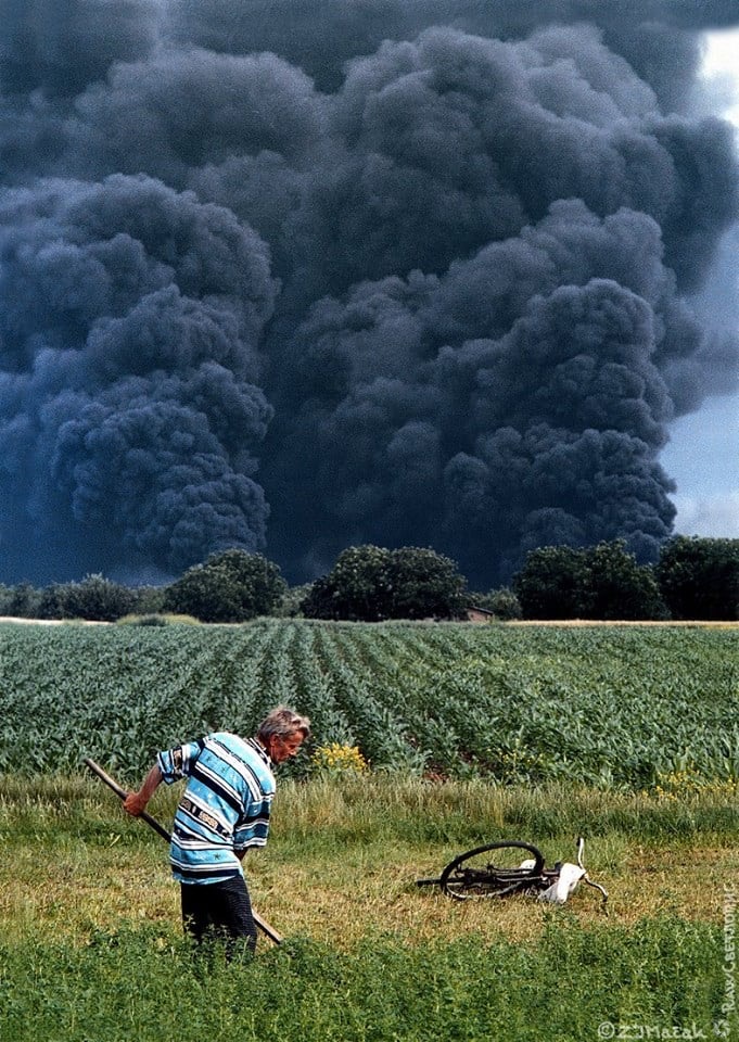 Serbian farming with NATO bombing in background Blank Meme Template