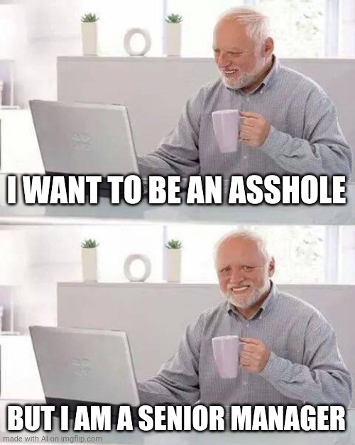 Don't Be An Asshole | I WANT TO BE AN ASSHOLE; BUT I AM A SENIOR MANAGER | image tagged in memes,hide the pain harold | made w/ Imgflip meme maker