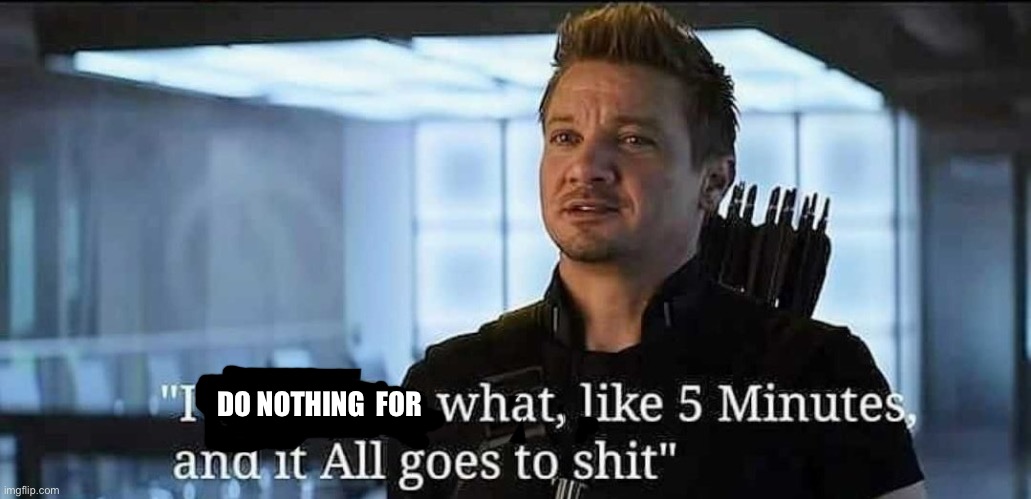 Hawkeye I retire for 5 minutes meme | DO NOTHING  FOR | image tagged in hawkeye i retire for 5 minutes meme | made w/ Imgflip meme maker