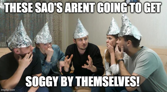 Tin foil hat gang | THESE SAO'S ARENT GOING TO GET; SOGGY BY THEMSELVES! | image tagged in tin foil hat gang | made w/ Imgflip meme maker