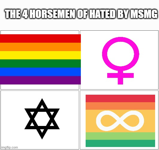 Blank Comic Panel 2x2 Meme | THE 4 HORSEMEN OF HATED BY MSMG | image tagged in memes,blank comic panel 2x2 | made w/ Imgflip meme maker