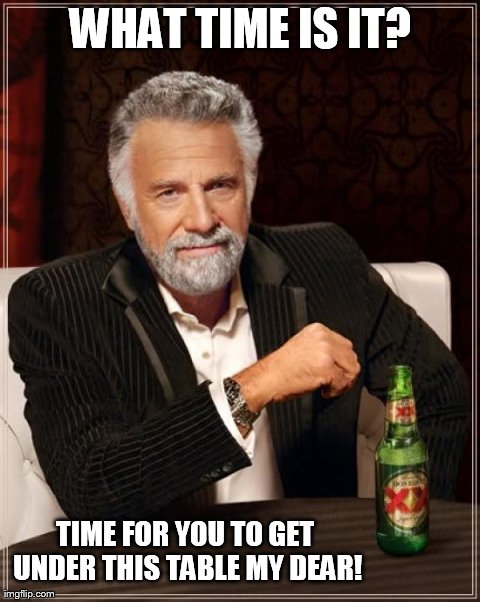The Most Interesting Man In The World Meme | WHAT TIME IS IT? TIME FOR YOU TO GET UNDER THIS TABLE MY DEAR! | image tagged in memes,the most interesting man in the world | made w/ Imgflip meme maker