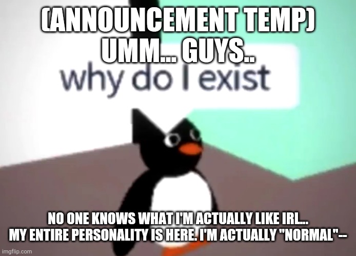 N | (ANNOUNCEMENT TEMP)
UMM... GUYS.. NO ONE KNOWS WHAT I'M ACTUALLY LIKE IRL... MY ENTIRE PERSONALITY IS HERE. I'M ACTUALLY "NORMAL"-- | image tagged in carck | made w/ Imgflip meme maker