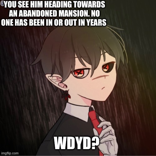 No joke, gacha, roblox, op, or bambi ocs, girls preferred if romance, no ERP | YOU SEE HIM HEADING TOWARDS AN ABANDONED MANSION. NO ONE HAS BEEN IN OR OUT IN YEARS; WDYD? | made w/ Imgflip meme maker