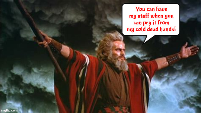 Cold dead hands | You can have my staff when you can pry it from my cold dead hands! | image tagged in ten commandments,moses,charlton heston,guns,nra,1956 | made w/ Imgflip meme maker