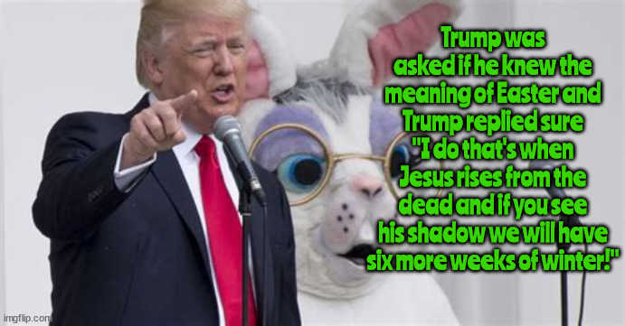 Trump knows Easter better than anyone... | Trump was asked if he knew the meaning of Easter and Trump replied sure "I do that's when Jesus rises from the dead and if you see his shadow we will have six more weeks of winter!" | image tagged in donald trump,easter,groundhog day,jesus,rise from the dead,moron | made w/ Imgflip meme maker