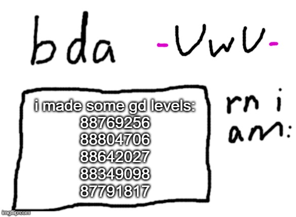 comment on them if you play gd | i made some gd levels:
88769256
88804706
88642027
88349098
87791817 | image tagged in official badlydrawnaxolotl announcement temp | made w/ Imgflip meme maker