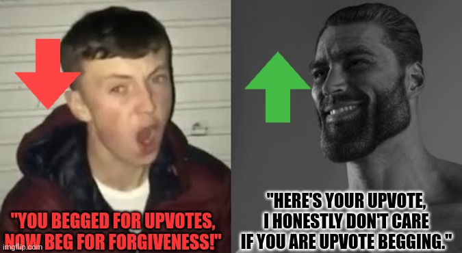 Imgflip be like Prt 2: | "YOU BEGGED FOR UPVOTES, NOW BEG FOR FORGIVENESS!"; "HERE'S YOUR UPVOTE, I HONESTLY DON'T CARE IF YOU ARE UPVOTE BEGGING." | image tagged in average enjoyer meme | made w/ Imgflip meme maker