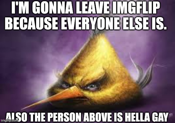 read desc | I'M GONNA LEAVE IMGFLIP BECAUSE EVERYONE ELSE IS. ALSO THE PERSON ABOVE IS HELLA GAY; it's April fools you dumbass | image tagged in realistic angry bird | made w/ Imgflip meme maker