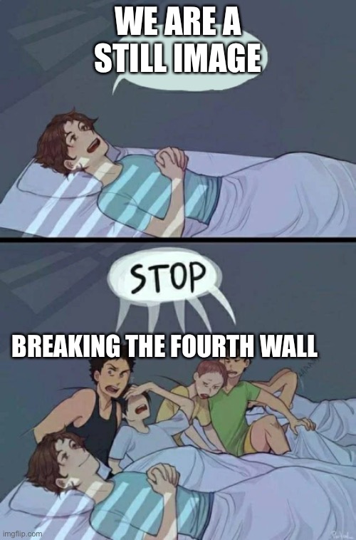 Sleepover Stop | WE ARE A STILL IMAGE; BREAKING THE FOURTH WALL | image tagged in sleepover stop | made w/ Imgflip meme maker