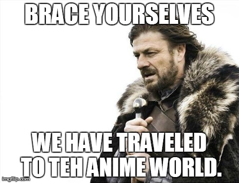 Brace Yourselves X is Coming Meme | BRACE YOURSELVES WE HAVE TRAVELED TO TEH ANIME WORLD. | image tagged in memes,brace yourselves x is coming | made w/ Imgflip meme maker
