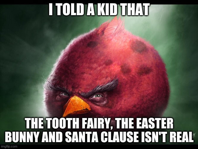 da biggest bird told a kid the truth | I TOLD A KID THAT; THE TOOTH FAIRY, THE EASTER BUNNY AND SANTA CLAUSE ISN'T REAL | image tagged in realistic angry bird big red | made w/ Imgflip meme maker