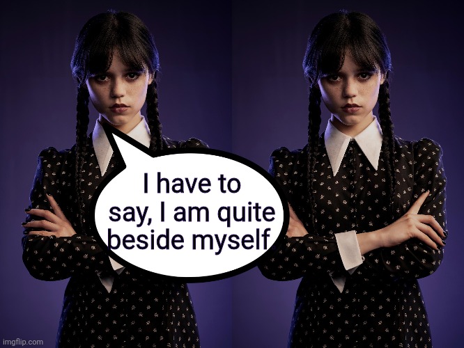 Beside herself | I have to say, I am quite beside myself. | image tagged in wednesday,wednesday addams,addams family | made w/ Imgflip meme maker