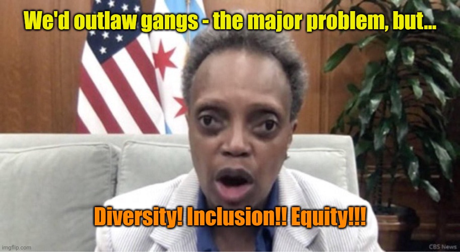 Mayor Lori Lightfoot | We'd outlaw gangs - the major problem, but... Diversity! Inclusion!! Equity!!! | image tagged in mayor lori lightfoot | made w/ Imgflip meme maker