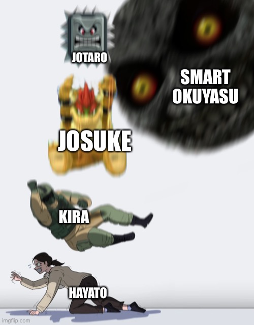 Imagine okuyasu but with a higher iq | JOTARO; SMART OKUYASU; JOSUKE; KIRA; HAYATO | image tagged in crushing combo,jojo's bizarre adventure,funny | made w/ Imgflip meme maker