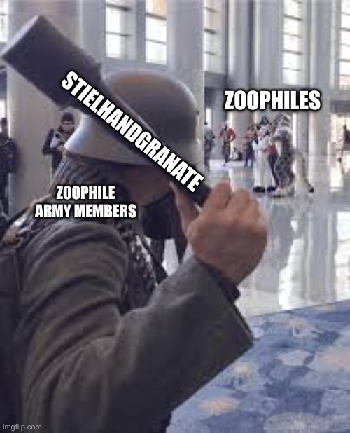 auf der heide ein bluht.. | ZOOPHILES; STIELHANDGRANATE; ZOOPHILE ARMY MEMBERS | image tagged in german soldier throwing grenade at furries | made w/ Imgflip meme maker