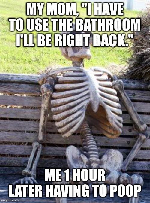 Waiting Skeleton | MY MOM, "I HAVE TO USE THE BATHROOM I'LL BE RIGHT BACK."; ME 1 HOUR LATER HAVING TO POOP | image tagged in memes,waiting skeleton | made w/ Imgflip meme maker