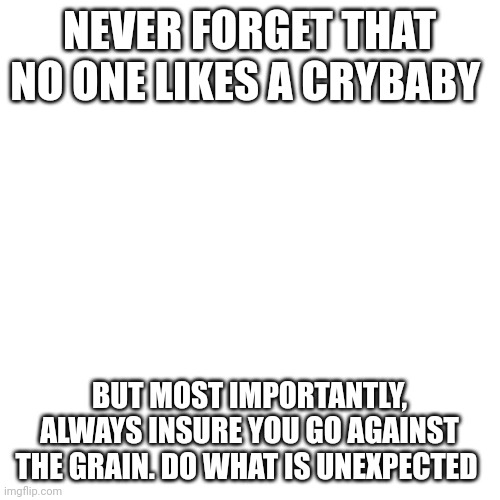 Blank Transparent Square Meme | NEVER FORGET THAT NO ONE LIKES A CRYBABY; BUT MOST IMPORTANTLY, ALWAYS INSURE YOU GO AGAINST THE GRAIN. DO WHAT IS UNEXPECTED | image tagged in memes,blank transparent square | made w/ Imgflip meme maker