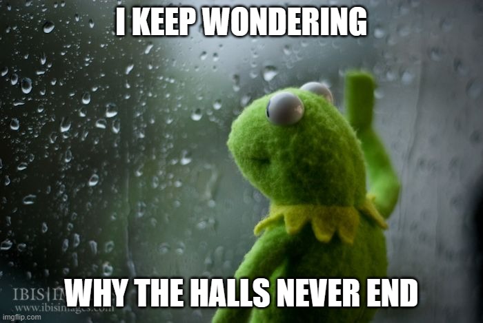 Kermit meme | I KEEP WONDERING; WHY THE HALLS NEVER END | image tagged in kermit window | made w/ Imgflip meme maker
