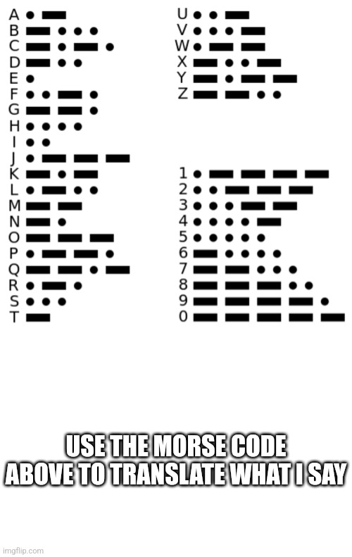 USE THE MORSE CODE ABOVE TO TRANSLATE WHAT I SAY | image tagged in memes,blank transparent square | made w/ Imgflip meme maker