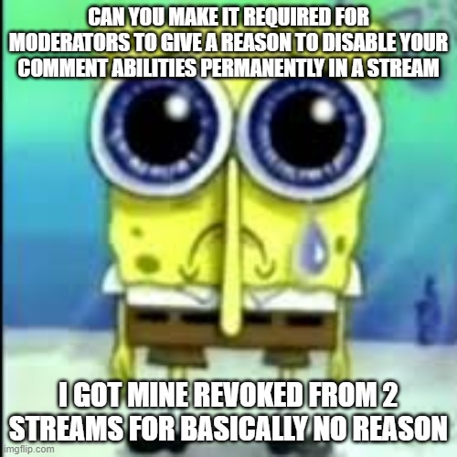 spunch bop sad | CAN YOU MAKE IT REQUIRED FOR MODERATORS TO GIVE A REASON TO DISABLE YOUR COMMENT ABILITIES PERMANENTLY IN A STREAM; I GOT MINE REVOKED FROM 2 STREAMS FOR BASICALLY NO REASON | image tagged in spunch bop sad | made w/ Imgflip meme maker