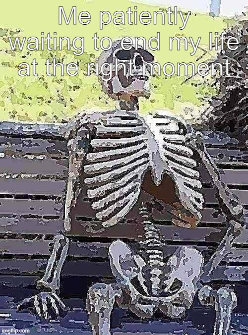 real real. ( maybe in 2 days from now on ) | Me patiently waiting to end my life at the right moment | image tagged in memes,waiting skeleton | made w/ Imgflip meme maker