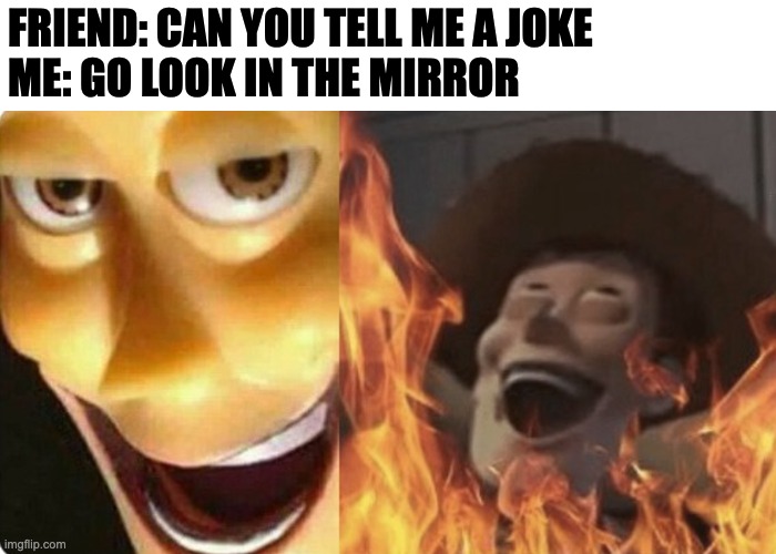 evil | FRIEND: CAN YOU TELL ME A JOKE
ME: GO LOOK IN THE MIRROR | image tagged in evil woody | made w/ Imgflip meme maker
