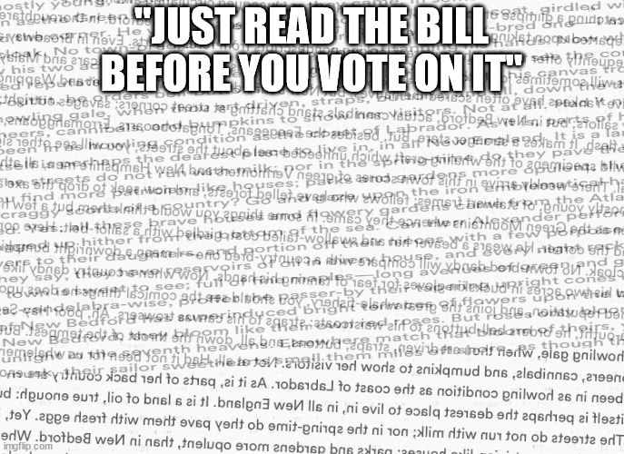 just cause it's written in English don't mean it's readable | "JUST READ THE BILL BEFORE YOU VOTE ON IT" | image tagged in bills,legalese,politics | made w/ Imgflip meme maker