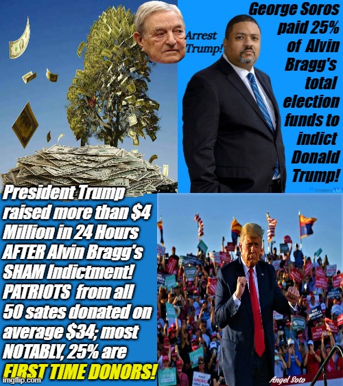 manhattan da indicts trump - trump raises 4 million | George Soros 
paid 25% 
of  Alvin 

Bragg's  
total  
 election 
funds to 
indict  
Donald 
Trump! Arrest
Trump! President Trump 
raised more than $4
Million in 24 Hours
AFTER Alvin Bragg's
SHAM Indictment!
PATRIOTS  from all
50 sates donated on 
average $34; most
NOTABLY, 25% are; FIRST TIME DONORS! Angel Soto | image tagged in donald trump,alvin bragg,manhattan da,george soros,elections,arrest | made w/ Imgflip meme maker