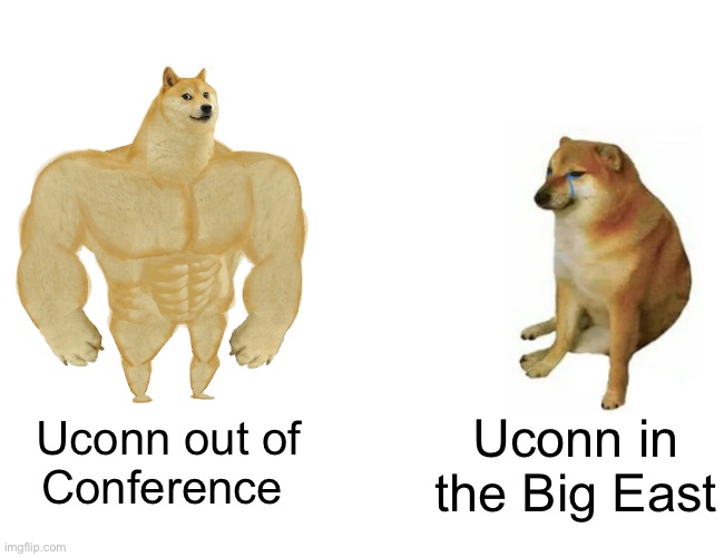 Buff Doge vs. Cheems | Uconn in the Big East; Uconn out of
Conference | image tagged in memes,buff doge vs cheems | made w/ Imgflip meme maker