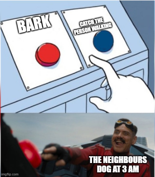 Neighbours dog at 4 am | CATCH THE PERSON WALKING; BARK; THE NEIGHBOURS DOG AT 3 AM | image tagged in robotnik pressing red button | made w/ Imgflip meme maker