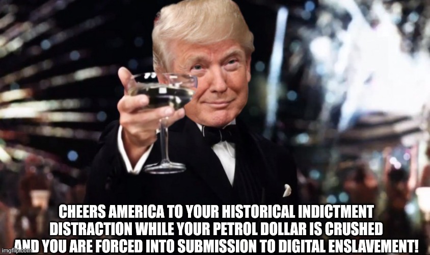 The Trump metaphor for America's digital prison | CHEERS AMERICA TO YOUR HISTORICAL INDICTMENT DISTRACTION WHILE YOUR PETROL DOLLAR IS CRUSHED AND YOU ARE FORCED INTO SUBMISSION TO DIGITAL ENSLAVEMENT! | image tagged in leonardo dicaprio cheers,trump,distraction,digital currency,fed now,banks collapse | made w/ Imgflip meme maker
